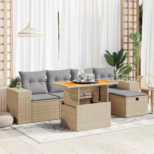 Conjunto Sofás Jardim com Almofadões Vime PE/Acácia Bege (6 pcs)