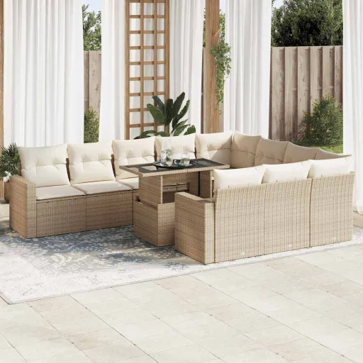 Conjunto Sofás de Jardim c/ Almofadões Vime PE Bege (11 pcs)