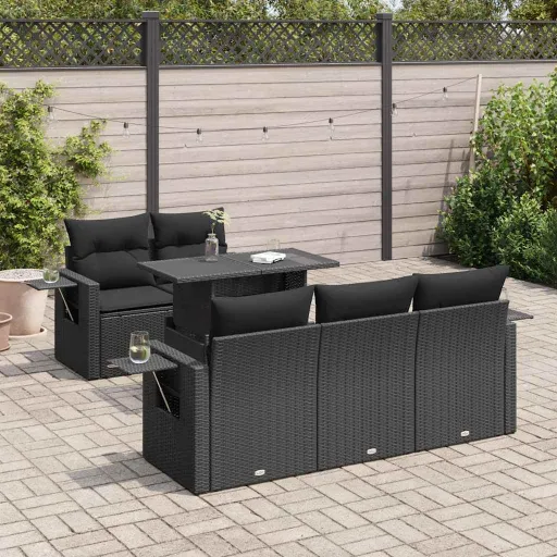 Conjunto Sofás de Jardim c/ Almofadões Vime PE Preto (6 pcs)