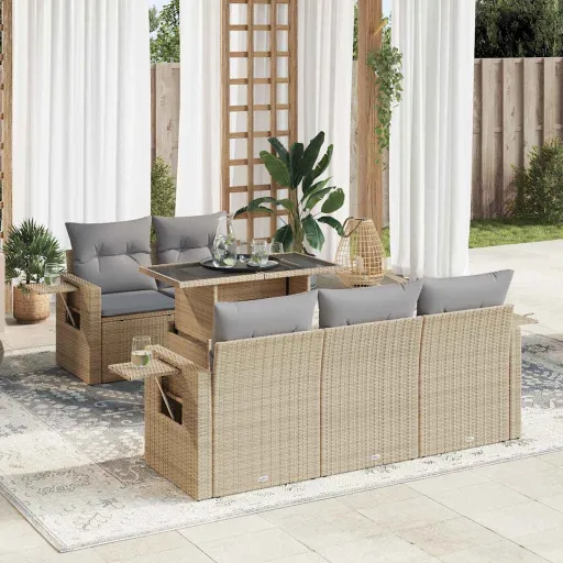 Conjunto de Sofás p/ Jardim com Almofadões Vime PE Bege (6 pcs)