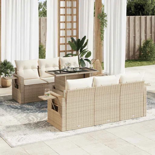 Conjunto de Sofás p/ Jardim com Almofadões Vime PE Bege (7 pcs)
