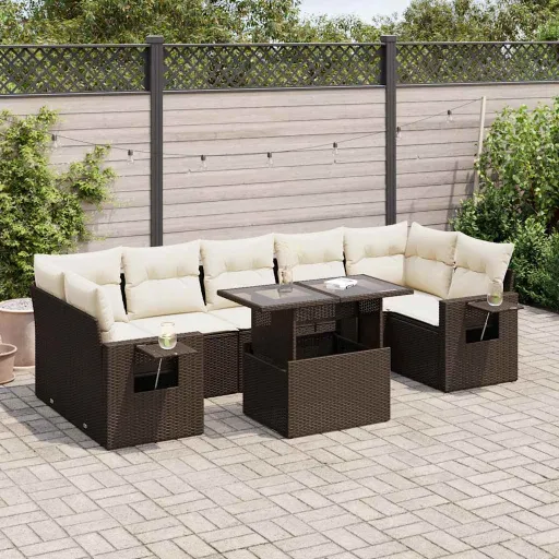 Conjunto Sofás de Jardim c/ Almofadões Vime PE Castanho (8 pcs)
