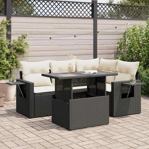Conjunto Sofás de Jardim com Almofadões Vime PE Preto (5 pcs)