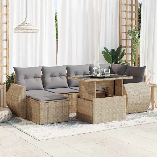 Conjunto de Sofás p/ Jardim com Almofadões Vime PE Bege (7 pcs)