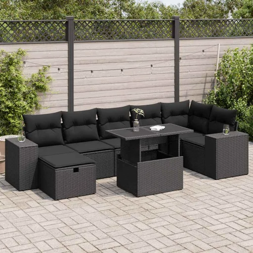Conjunto Sofás de Jardim com Almofadões Vime PE Preto (5 pcs)