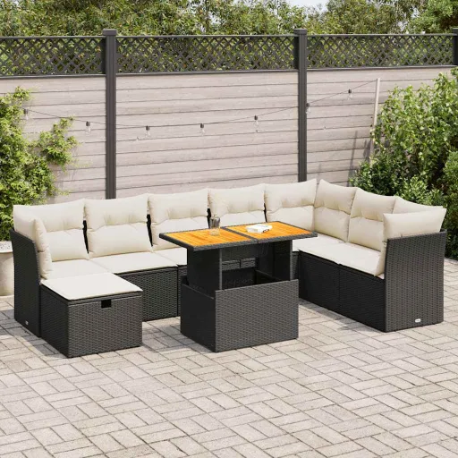 Conjunto Sofás p/ Jardim Almofadões Vime PE/Acácia Preto (9 pcs)