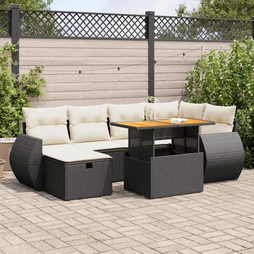 Conjunto Sofás Jardim com Almofadões Vime PE/Acácia Preto (8 pcs)