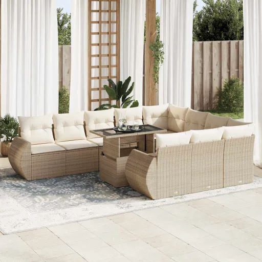 Conjunto Sofás de Jardim c/ Almofadões Vime PE Bege (11 pcs)