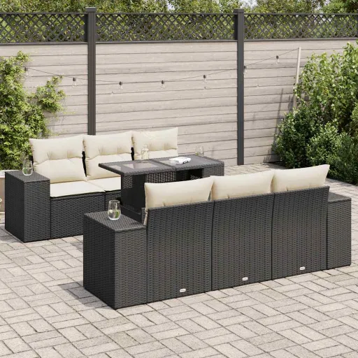 Conjunto de Sofás p/ Jardim c/ Almofadões Vime PE Preto (7 pcs)