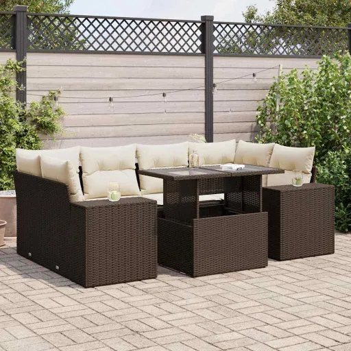 Conjunto de Sofás Jardim c/ Almofadões Vime PE Castanho (7 pcs)