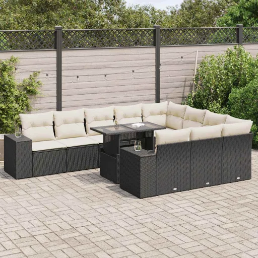 Conjunto Sofás de Jardim c/ Almofadões Vime PE Preto (11 pcs)