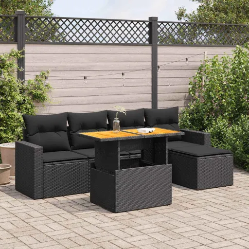 Conjunto Sofás de Jardim c/ Almofadões Vime PE Preto (6 pcs)