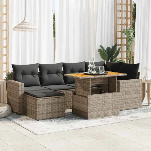 Conjunto Sofás p/ Jardim c/ Almofadões Vime PE Cinzento (7 pcs)