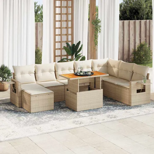 Conjunto de Sofás p/ Jardim com Almofadões Vime PE Bege (9 pcs)