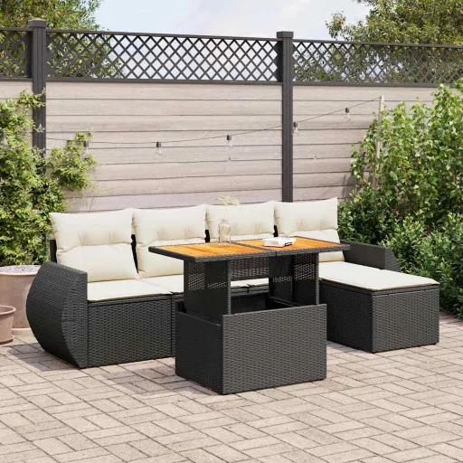 Conjunto Sofás de Jardim c/ Almofadões Vime PE Preto (6 pcs)