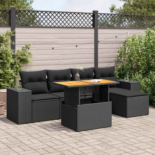 Conjunto Sofás de Jardim c/ Almofadões Vime PE Preto (6 pcs)