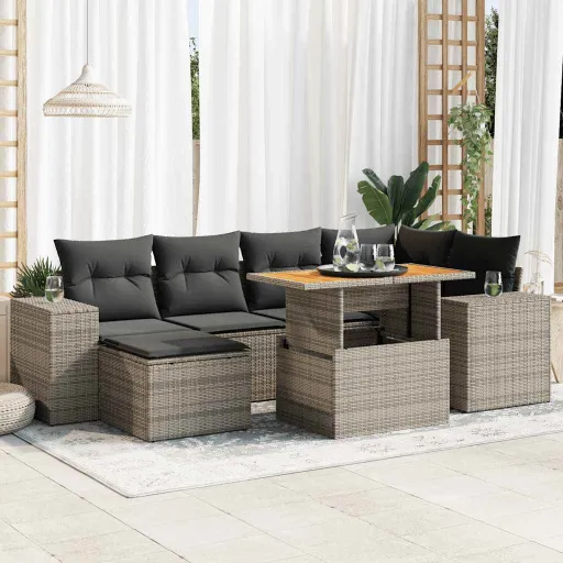 Conjunto Sofás p/ Jardim c/ Almofadões Vime PE Cinzento (7 pcs)