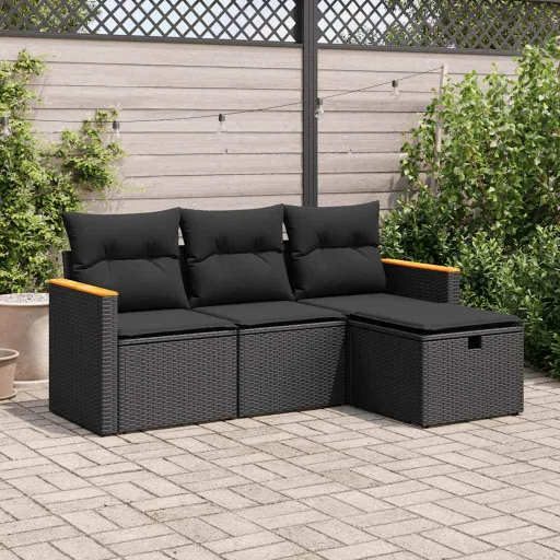 Conjunto de Sofás para Jardim c/ Almofadões Vime PE Preto (4 pcs)