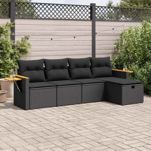 Conjunto Sofás de Jardim com Almofadões Vime PE Preto (5 pcs)