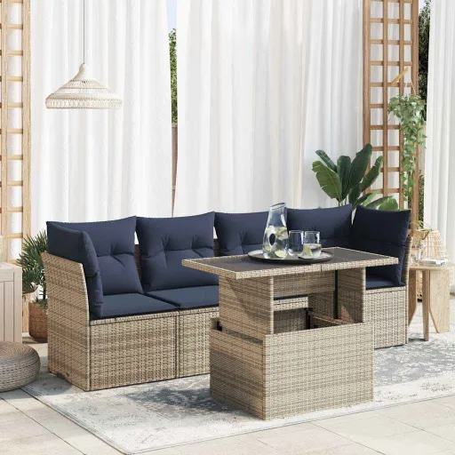 Conjunto Sofás de Jardim c/ Almofadões Acácia e Vime PE (5 pcs)