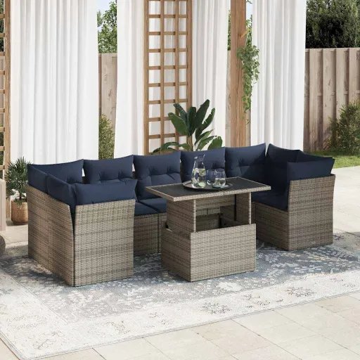 Conjunto Sofás Jardim Almofadões Vime PE/Acácia Cinzento (8 pcs)
