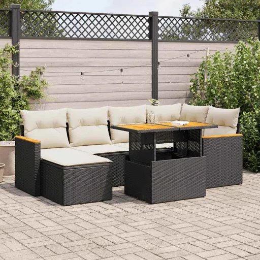 Conjunto Sofás Jardim c/ Almofadões Vime PE/Acácia Preto (7 pcs)
