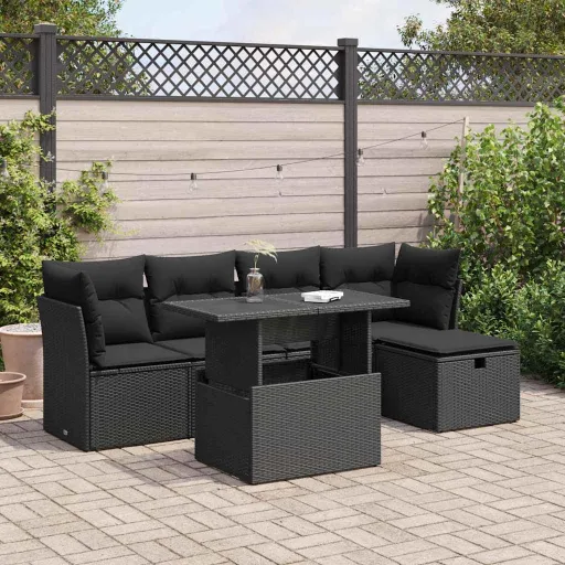 Conjunto Sofás de Jardim c/ Almofadões Vime PE Preto (6 pcs)