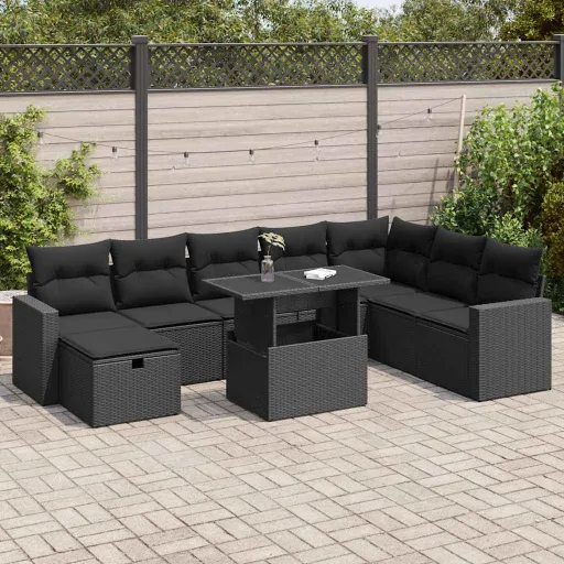 Conjunto de Sofás p/ Jardim c/ Almofadões Vime PE Preto (9 pcs)