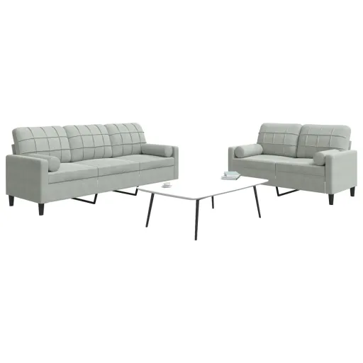 Conjunto Sofás com Almofadões e Rolos Veludo Cinza-Claro (2 pcs)