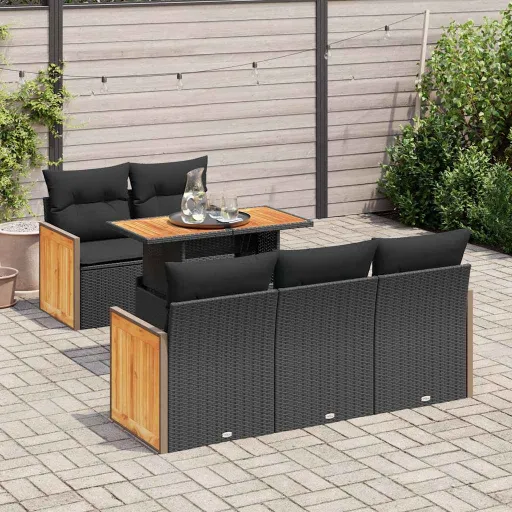 Conjunto Sofás Jardim c/ Almofadões Vime PE/Acácia Preto (6 pcs)