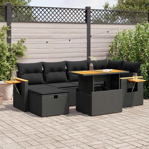 Conjunto Sofás de Jardim com Almofadões Vime PE Preto (8 pcs)