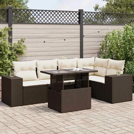 Conjunto de Sofás Jardim c/ Almofadões Vime PE Castanho (6 pcs)
