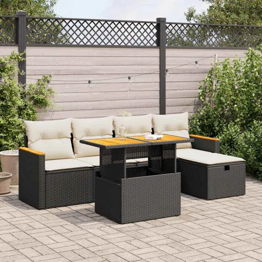 Conjunto Sofás de Jardim c/ Almofadões Vime PE Preto (6 pcs)