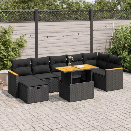 Conjunto Sofás de Jardim com Almofadões Vime PE Preto (5 pcs)