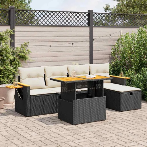 Conjunto Sofás de Jardim c/ Almofadões Vime PE Preto (6 pcs)