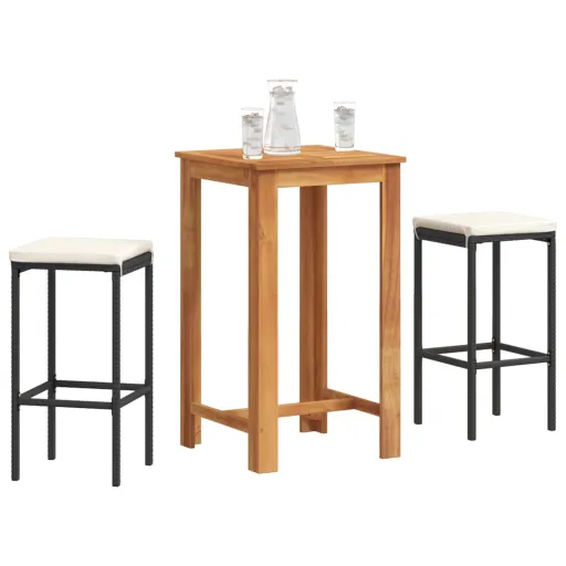 Conjunto de Bar para Jardim Acácia Maciça/Vime PE Preto (3 pcs)