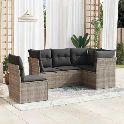 Conj. Sofás Jardim c/ Almofadões Vime PE Cinzento-Claro (5 pcs)