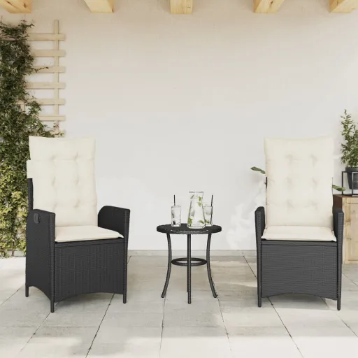 Cadeiras de Jardim Reclináveis c/ Almofadões   Vime PE Preto (2 pcs)