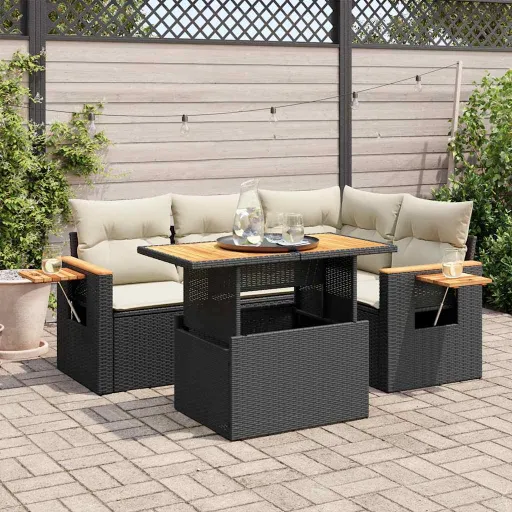 Conjunto Sofás de Jardim com Almofadões Acácia e Vime PE (5 pcs)