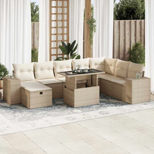 Conjunto de Sofás p/ Jardim com Almofadões Vime PE Bege (9 pcs)