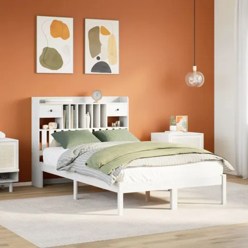 Cama com Estante Sem Colchão 135x190 cm Pinho Maciço Branco