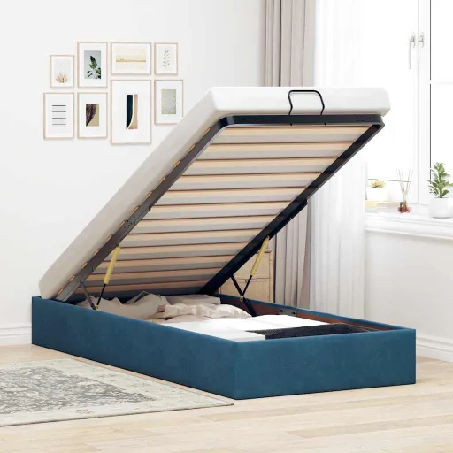 Otomano Bed Frame No Colchão Azul Escuro 80x200 cm Veludo