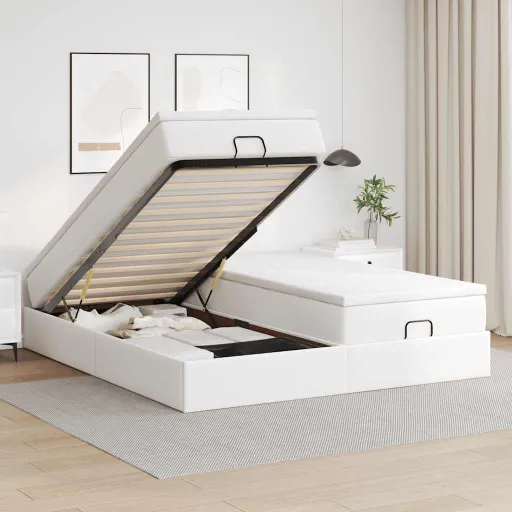 Estrutura de Cama Otomana com Colchão Branco Couro Falso