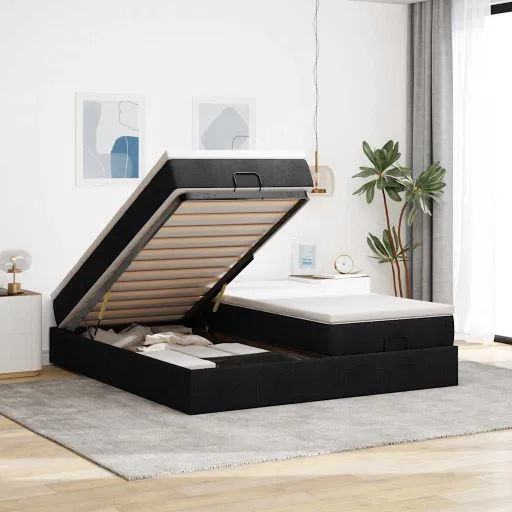 63 / 5,000 Estrutura de Cama Otomana com Colchões Tecido Preto