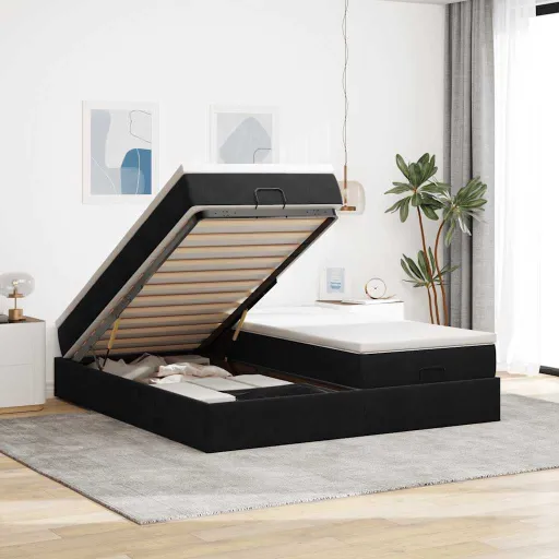 Estrutura de Cama Otomana com Colchões 200x200cm Veludo Preto