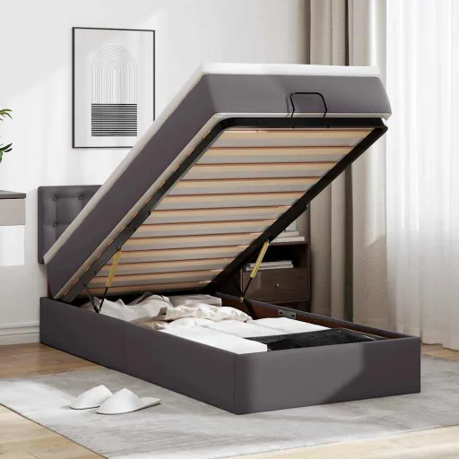 Cama Otomana com Colchão 90x190 cm Couro Artificial Cinzento