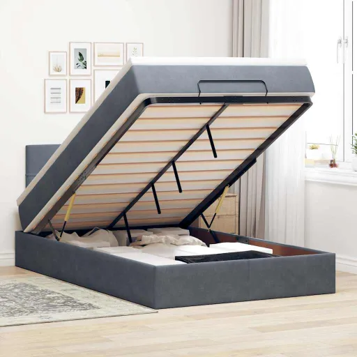 Cama Otomana com Colchão & LEDs 120x190cm Veludo Cinza-Escuro