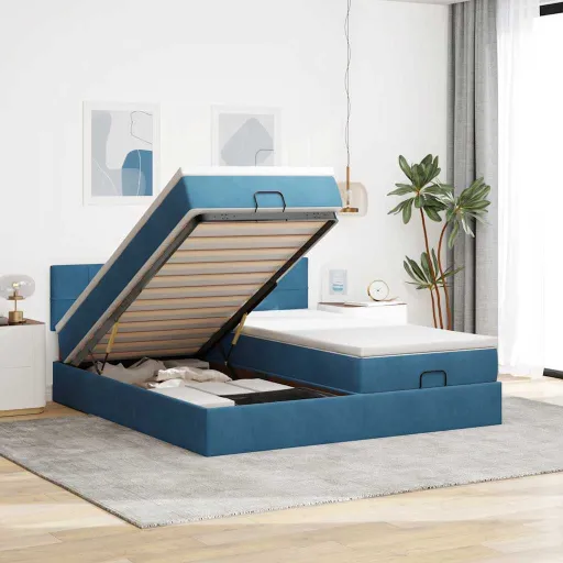 Cama Otomana com Colchões/LEDs 200x200 cm Veludo Azul-Escuro