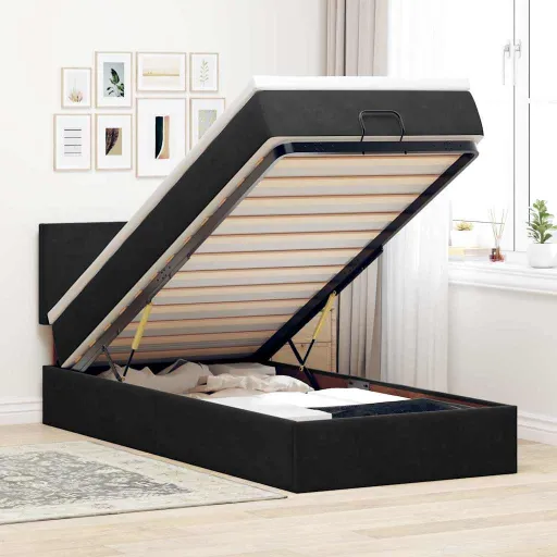 Estrutura de Cama Otomana  com Colchão Preto 100x200cm Veludo