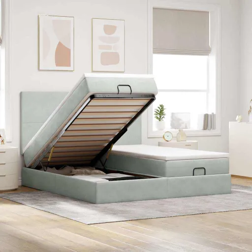 Estrutura Cama Otomana Colchões 160x200cm Veludo Cinzento Claro